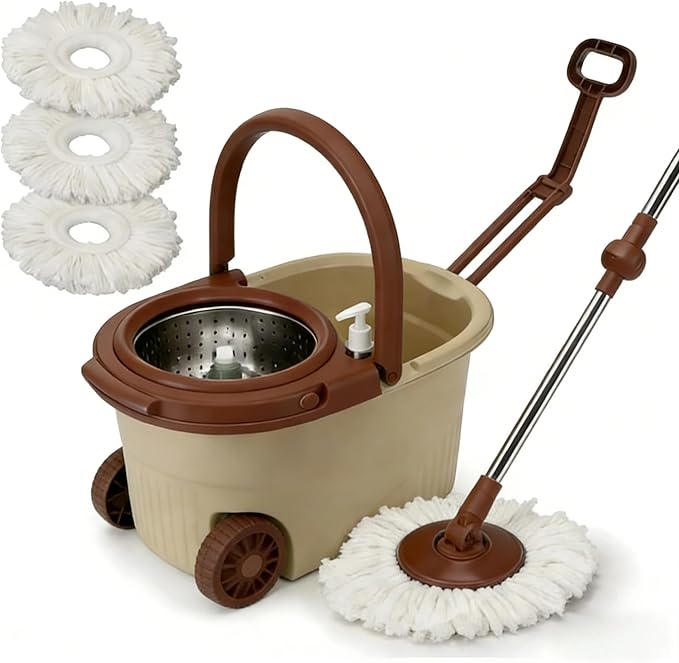 360° Spin Mop and Bucket System with Wringer, 61" Stainless Steel Handle & 3 Microfiber Refills, Self-Cleaning Floor Mop for Tile Hardwood Laminate (Khaki)