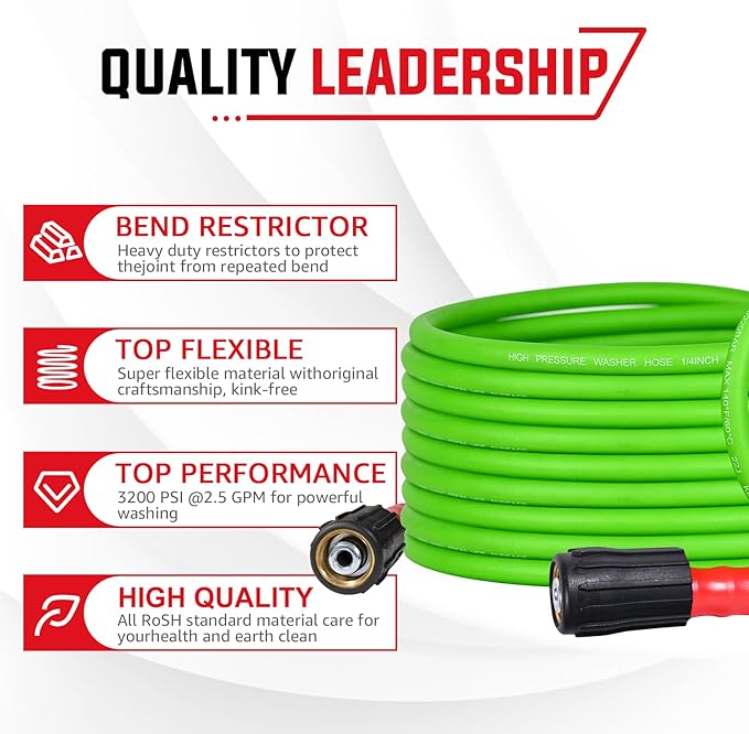 YAMATIC Short Pressure Washer Gun and Hose, 25 FT Flexible Hose with Stubby Power Washer Trigger Handle, 3/8" Swivel Quick Connect & M22-14mm Adapter Replacement for Ryobi Simpson Craftsman (Green)