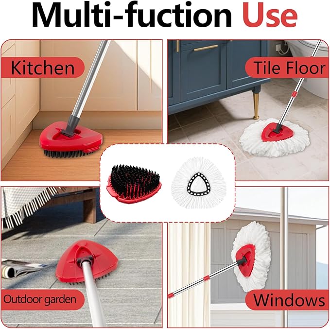 Spin Mop Replacement Set, Compatible with O-Ceda EasyWring 1-Tank Spin Mops 2 Microfiber Mop Head Refills, Adjustable 30–58 in Stainless Steel Handle, Scrubber Brush Head and Spin Base (M, Round)