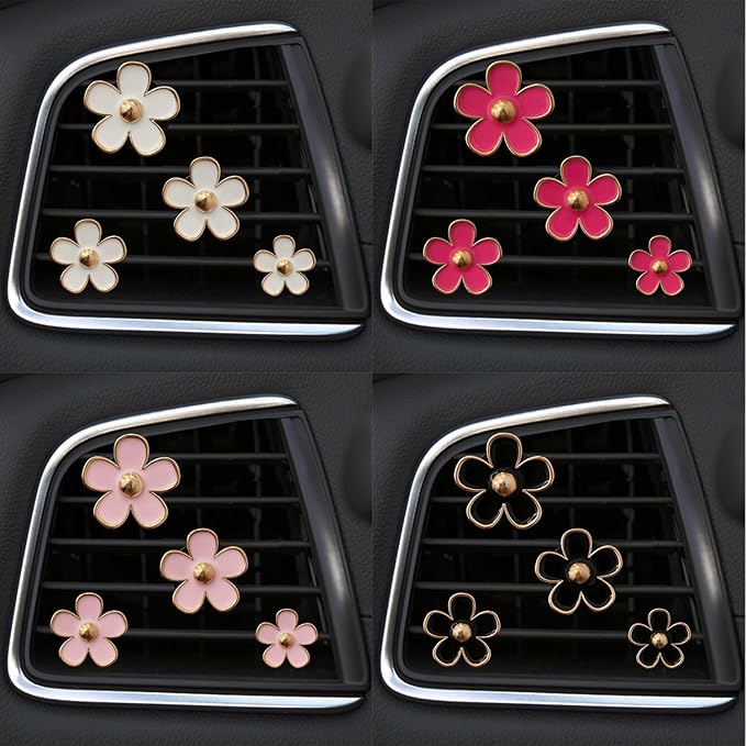 Daisy Air Vent Clips, 4 Pcs Cute Flower Car Air Conditioning Outlet Clip Car Air Freshener Clip Charm Car Inter Decor Accessories for Women (Black)