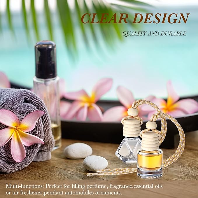 BBTO 200 Pcs Hanging Car Diffuser Bottle Bulk Empty Clear Glass Perfume Bottles Air Freshener Pendant for Essential Oils Fragrance Aromatherapy Car Interior (Diamond, Cylinder)