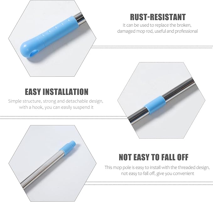 Stainless Steel Mop Rod Replacement Detachable Threaded Broom Handle for Floor Cleaning Rust-Resistant Pole with Hook for Easy Suspension Compatible with Spin Mops and Brooms