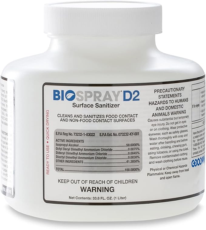 Goodway BioSpray D2 Surface Cleaner, Sanitizer and Disinfectant, 60 Second Dry Time -No Wiping. Alcohol-Based. Sanitizes Non-Food Contact Surfaces in 10 Seconds, Case of 12 x 1 Liter Bottles