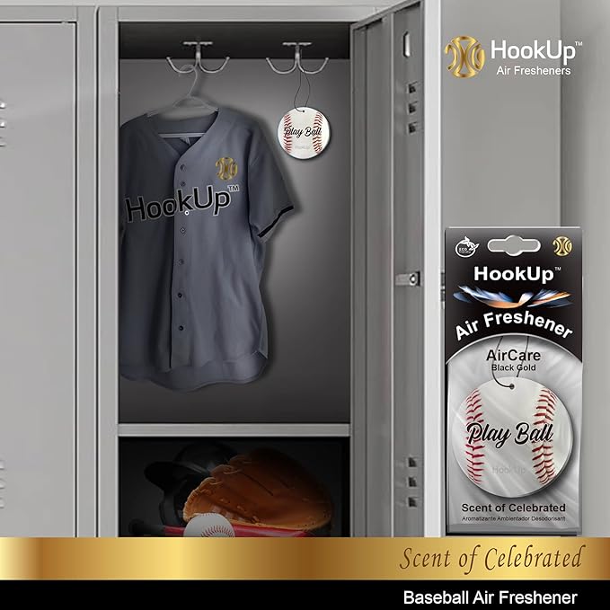 Baseball Car Air Freshener by HookUp - 4 Pack - Black Gold Scent (Extra Strong) | Unique Baseball Gift for Players, Coach, Fans | Hanging Car Accessory with Long Lasting Fresheners Smell