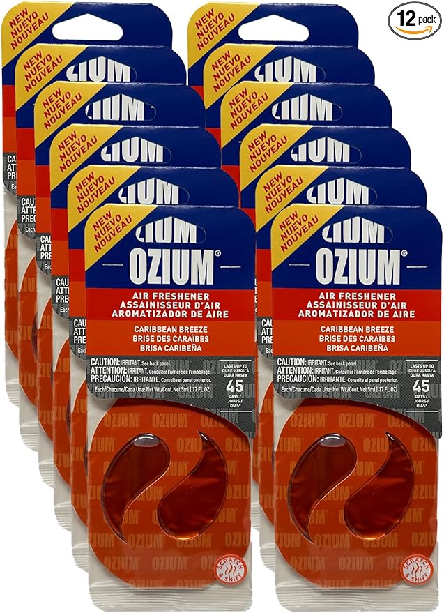 Ozium Paper Membrane Hanging Car Air Freshener - Automotive Air Fresheners and Odor Eliminator for Car (Caribbean Breeze, 12 Packs)
