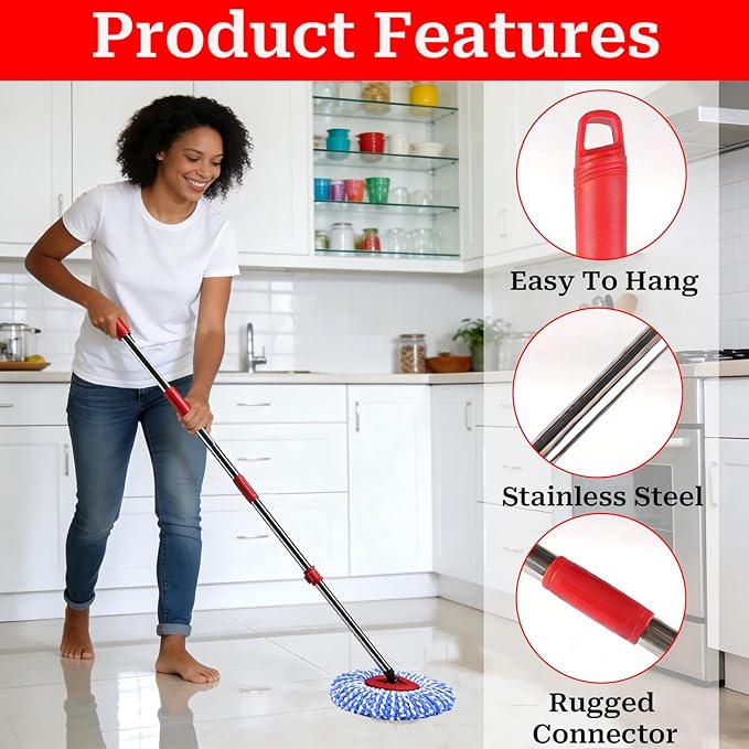 Spin Mop Handle Replacement for Ocedar, Heavy Duty Hand Press Mop Stick Replacement Parts for O Cedar Easywring/Rinseclean/H2pro, 3 Section 30" to 53" Telescopic Pole, Mop Head and Base Excluded
