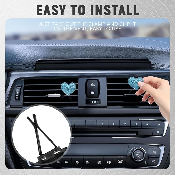 2PCS Bling Heart Air Vent Clips, Heart Shaped Crystal Air Freshener Vent Clips, Rhinestone Air Conditioning Outlet Clip, Universal Interior Decor Car Accessories for Women Girl (Blue)