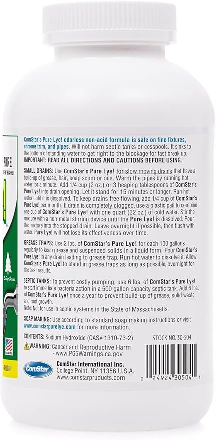 ComStar Pure Lye, 2 lb, Unique Sodium Hydroxide Beads | Drain Opener & Soap Making | Biodegradable, Eco-Friendly (Pack of 12)