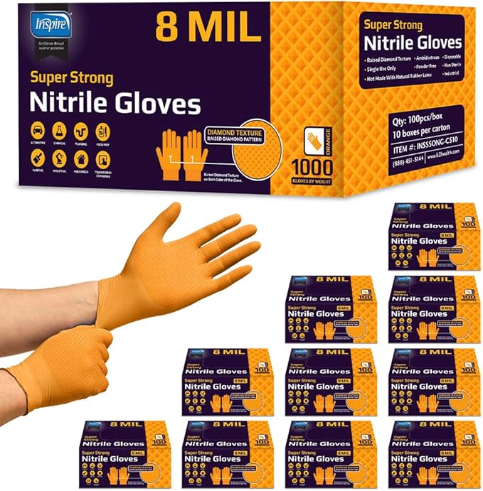 Inspire Heavy Duty Orange Nitrile Gloves | ULTRA 8 Mil Diamond Textured Grip | Industrial Mechanic Disposable Cleaning Gloves