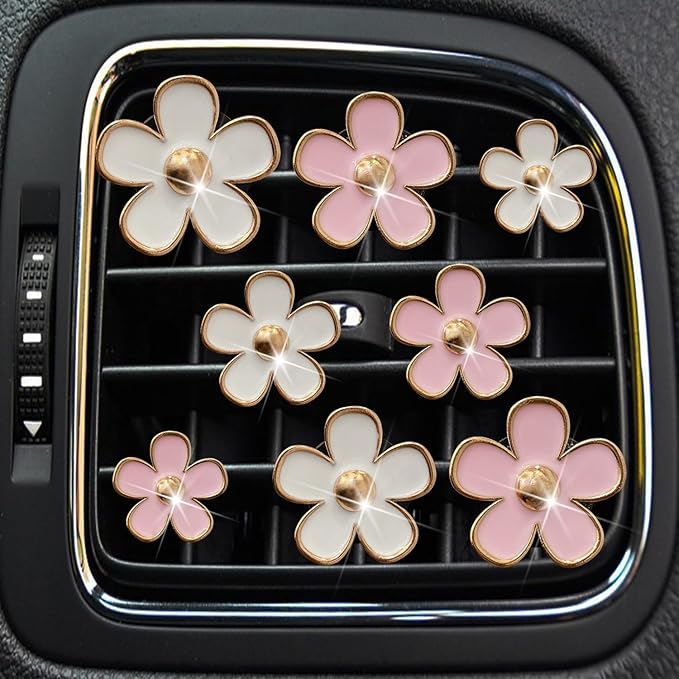 Daisy Air Vent Clips, 4 Pcs Cute Flower Car Air Conditioning Outlet Clip Car Air Freshener Clip Charm Car Inter Decor Accessories for Women (Pink)
