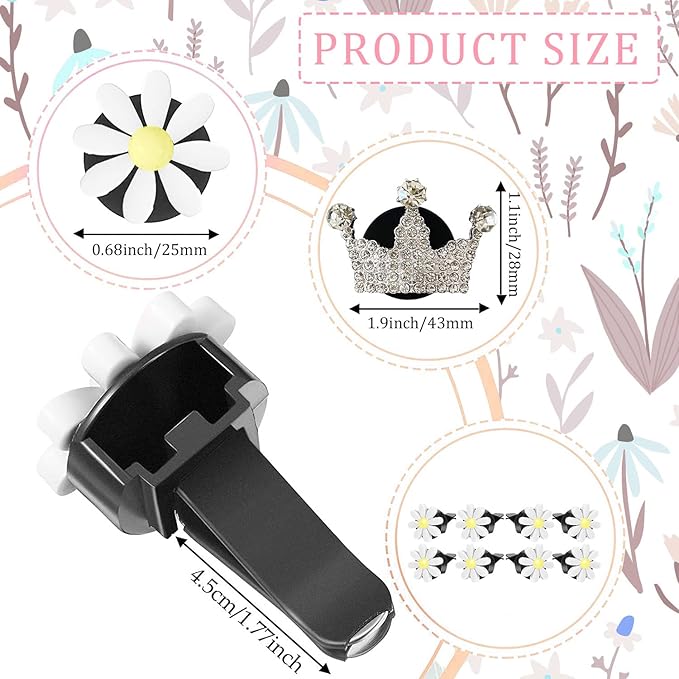 Daisy 8-Piece Car Accessory Set - Air Vent Clips, Cute Air Fresheners, Dashboard Clip, Car Diffuser Vent Clip & Mask Hook (White)