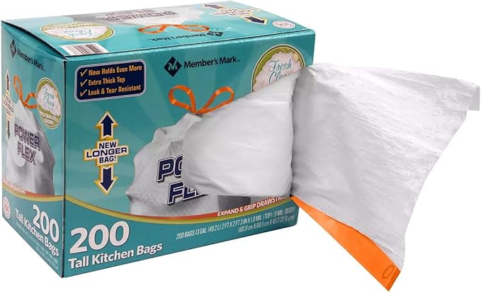 Members Mark 13 Gal Power Flex, Leak Protection, Tall Kitchen Simple Fit Drawstring Bags (1 Pack, Fresh Clean Scent), 1count