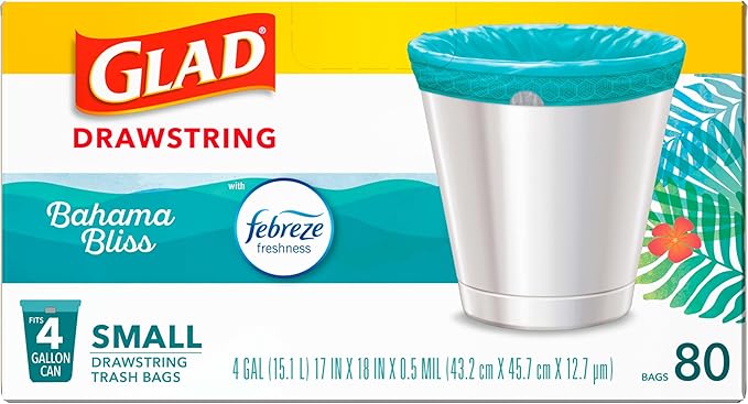 Glad Small Trash Bags 4 Gallon, Febreze Bahama Bliss Garbage Bags, Odor Resistant with Drawstring, 80 Count (Pack of 2)