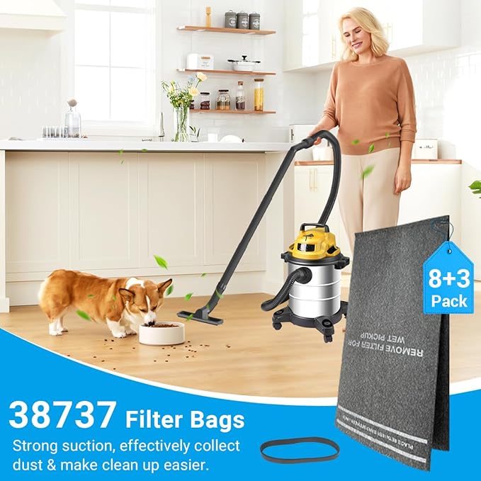 8 Pack 38737 Dust Filter Bags Replacement for Craftsman 2 to 2.5 Gallon Wet/Dry Vacuums and Powerhead Bucket Vac, Part# CMXZVBE38737 / 9-38737, with 3 Retaining Bands