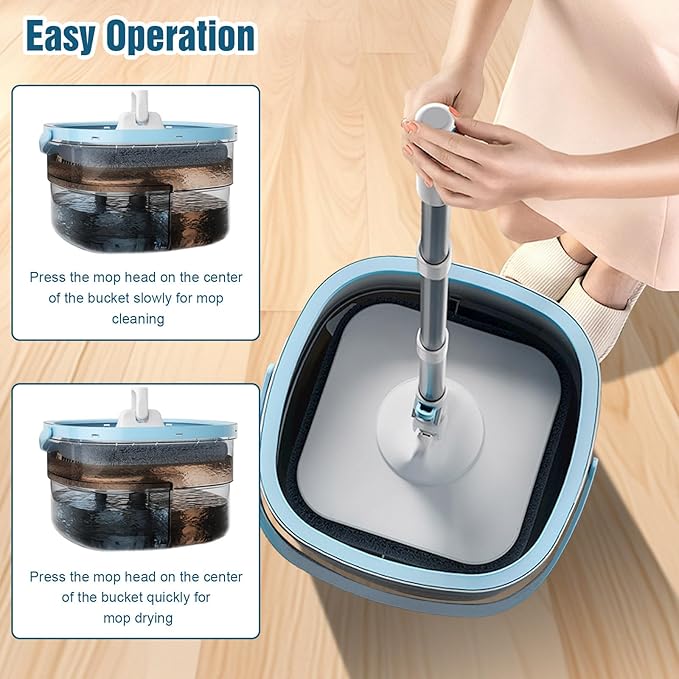 Spin Mop and Bucket Set with Self Separation Dirty and Clean Water System Self Wringing 180 °Rotating Clean Mop-Head for Hardwood Tile Marble Floor (Square Spin Mop, 2 Replaceable Microfiber Mop Pads)
