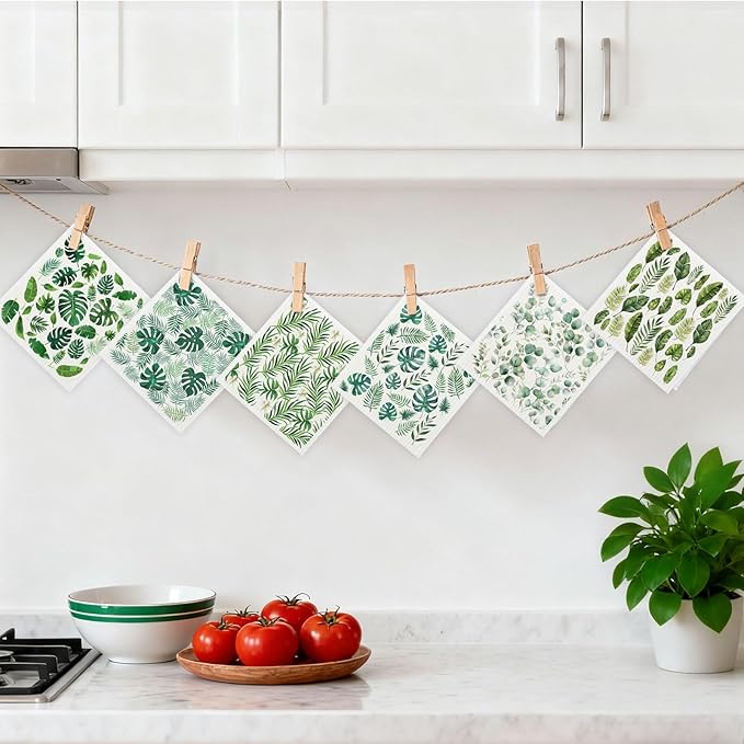 Mixed Plants Swedish Kitchen Dishcloths Dish Towels 6 Pack, Plants Dish Towels for Kitchen, Swedish Dishcloth with Ferns, Paper Towels Reusable, Dish Cloth Towel Cleaning Wipe for Home Party