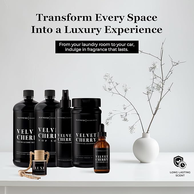 Fragrances - Lovers Bundle – 6-Piece Set | Velvet Cherry | Laundry Detergent 32oz, Mop Soap 32oz, Linen & Room Spray 8oz, Diffuser Oil 2oz, Upholstery Deodorizer 16oz & Car Diffuser