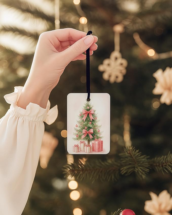 Pink Christmas Berry Car Air Freshener 4 Pcs, Coquette Pink Bow Xmas Tree Candle Reindeer Bell Hanging Air Freshener for Cars Closet Drawer Books, Girly Car Accessories Mirror Decor for Women