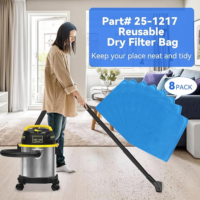 Shop Vac Filter Bags for Stanley 1 2 3 4 5 6 gallon Wet/Dry Vacuum SL18129,SL18116P, SL18115P, SL18115, SL18130, SL18116, Part# 25-1217 with 3 Retaining Bands (8 Pack)