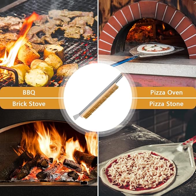 Pizza Oven Brush, 26" Brush and Stainless Steel Scraper for Pizza Stone, BBQ Grill Cleaning Brush Non Scratch Heat Proof Brass Bristles with Screwdriver, Outdoor Pizza Oven Accessories
