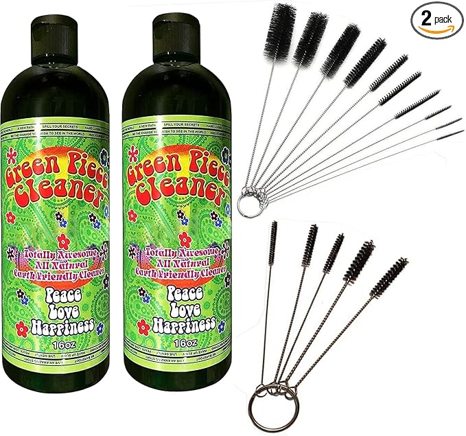 Green Piece® 2 bottles of the 16 oz (Made in USA) with 5 piece glass tube cleaner and 10 piece glass tube cleaner (2 Glass Cleaners with 15 Nylon Cleaners)