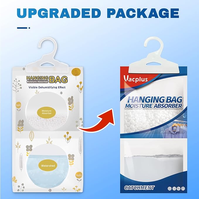 Vacplus Moisture Absorbers 30 Pack, Fragrance Free Hanging Humidity Packs with Sturdy Hook, Effective Closet Dehumidifier for Bathroom, Laundry Room, Basement, 9.8Oz