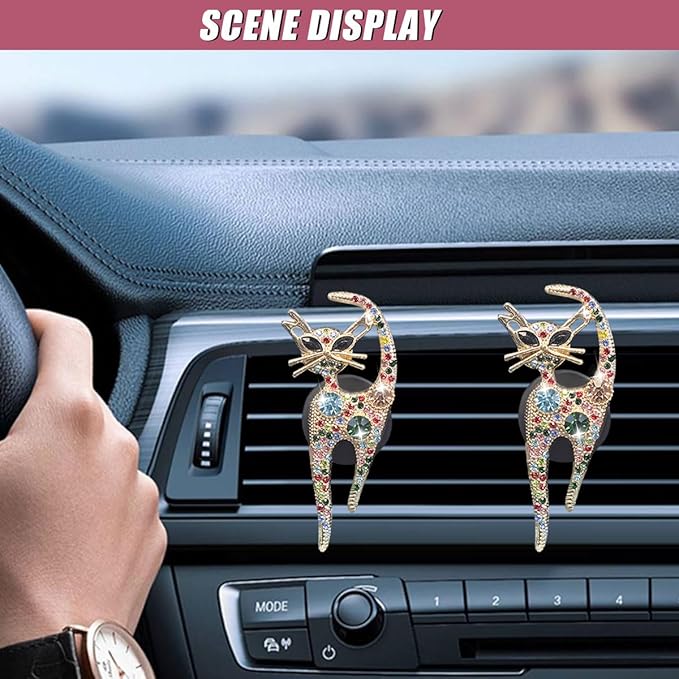 2PCS Car Vent Clips, Bling Cat Air Conditioning Outlet Clip, Crystal Rhinestone Auto Diffuser Perfume Clip, Cute Car Accessories for Women, Vehicle Interior Decoration (Colorful)