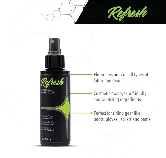 Molecule Refresh Spray | Performance Apparel Care | Cleans and Deodorizes Racing Suites & Technical Fabrics | Signature Fresh Scent | 4 Ounces