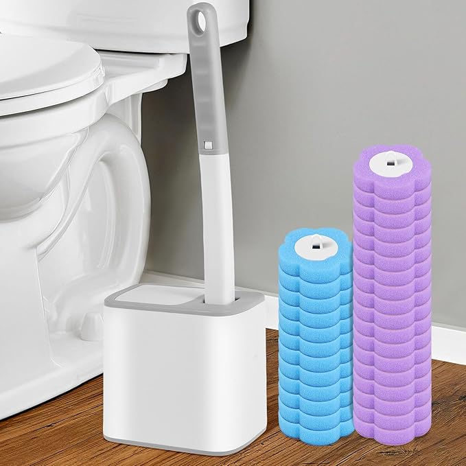 Disposable Toilet Cleaning Brush and Holder Set, 30 Refills, Disposable Toilet Brush, Non Woven Fabric and Sponge Bristles, Plastic Material, Purple