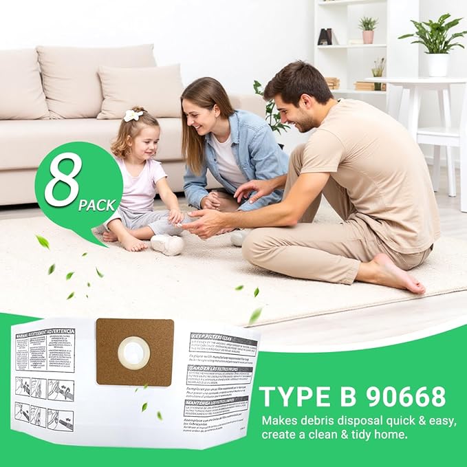 8 Pack 90668 Type B Filter Bags Compatible with Shop Vac 2-2.5 Gallon Wet/Dry Vacuum, All Around QAM70, Part# 90668/549712 9066833