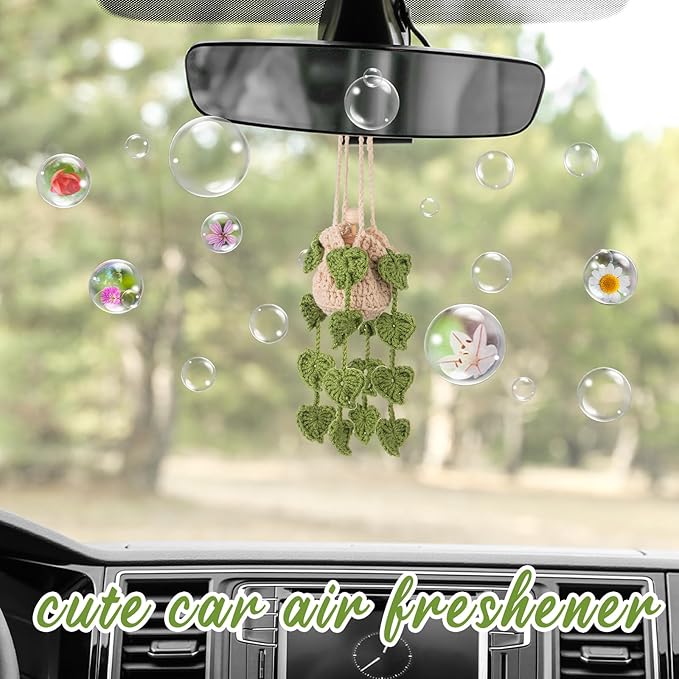 Cute Crochet Plant Car Freshener 12ml Empty Refillable Diffuser Bottle with Plants Hanging Accessories for Rearview Mirror Home Office Decor Women Mother's Day Gifts(Leave)
