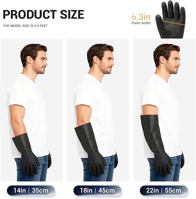 ThxToms Heavy Duty Rubber Gloves, Industrial Chemical Resistant Gloves Waterproof Reusable Protective Work Gloves for Cleaning, Dishwashing,Upgraded with Non-Slip Design, Black, 14" 1 Pair