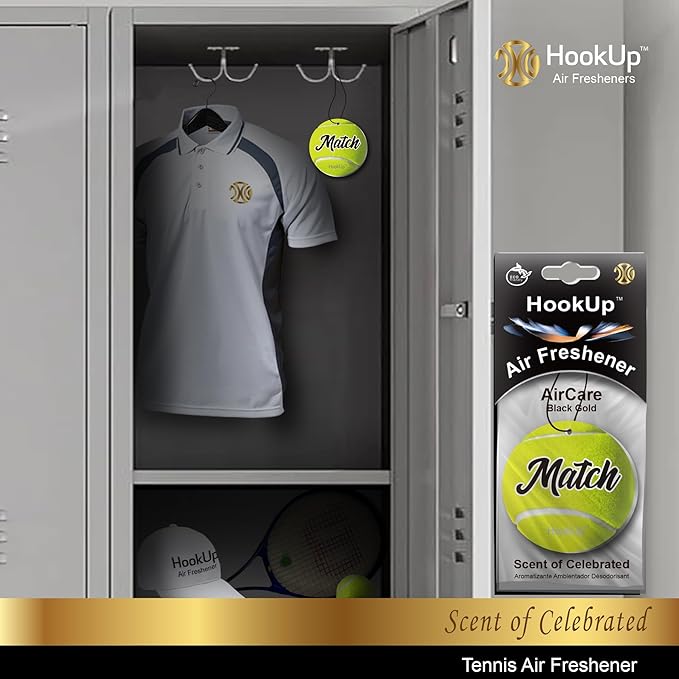 Tennis Car Air Freshener by HookUp - 2 Pack - Black Gold Scent (Extra Strong) | Unique Tennis Gift for Players, Coach, Fans | Hanging Car Accessory with Long Lasting Fresheners Smell