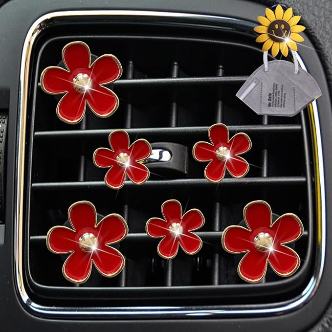 Daisy Air Vent Clips - 6 Pcs Cute Flower Outlet Clip Car Air Fresheners with Mask Hook (Red)