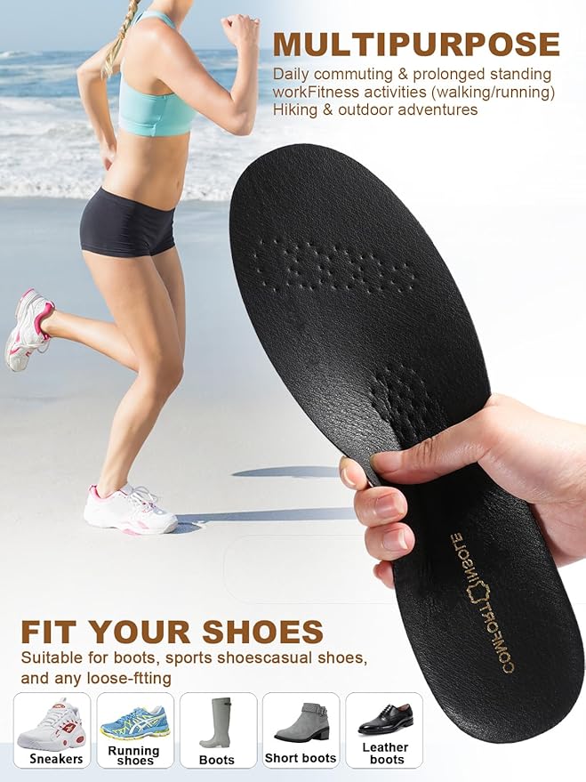 Leather Sockless Shoe Insoles for Men, Thin Dress Work Boots Inserts - Shock Absorption, Anti Sweat & Anti-Odor, for Athletic Shoes, Leather Shoes & Business Shoes (Men 8-8.5 / Women 8-9.5)