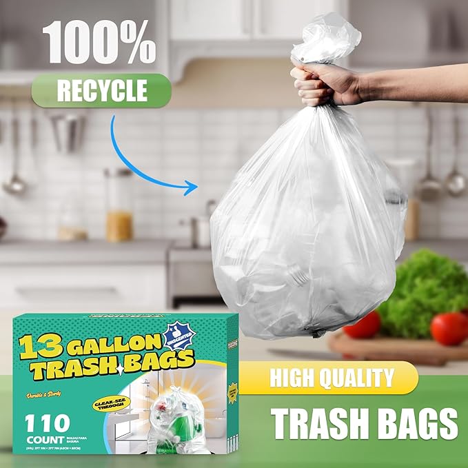 13 Gallon Tall Kitchen Trash Bags - 110 Count Clear Plastic Garbage Bags Unscented Trash Can Liners Strong Waste Basket Bags 49.2 Liter for Home and Office Bins