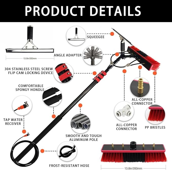 Glass Cleaning Brush Home Water Fed Telescopic Pole Kit Solar Panel Brush Rotating for Photovoltaic Panel,Telescopic Window Cleaning Kit - 3.6-11M Extension Pole with Solar Panel Brush for G
