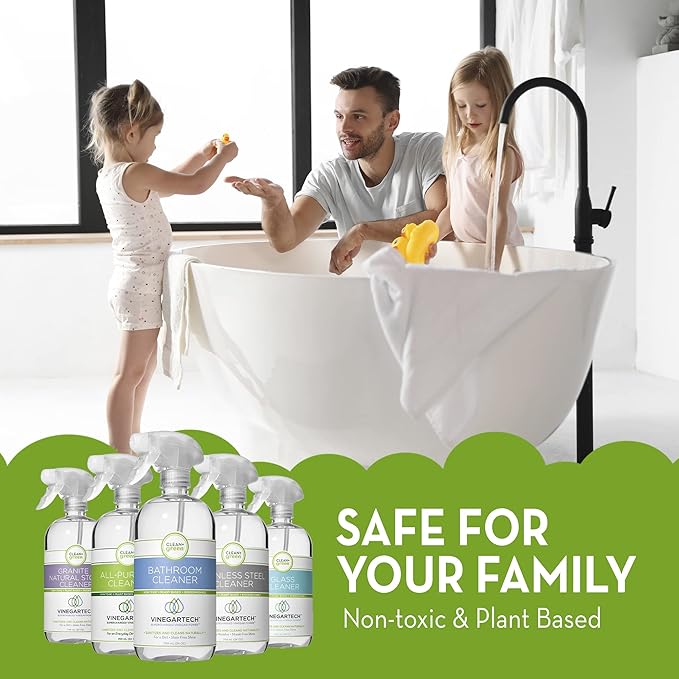 CLEAN+GREEN VinegarTech Bathroom Cleaner - Vinegar Spray All Purpose Cleaner Removes Dirt & Grime Shower, Tub, Tile Floor - Vinegar Cleaner Household Cleaning Supplies - Cleaning Vinegar 24 Fl Oz