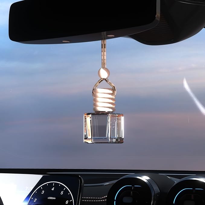 5PCS Hanging Car Air Freshener, Auto Interior Decoration 8 ml Oil Diffuser Perfume Aromatherapy Pendant Empty Glass Bottle, Fragrance Ornament with Vent Clip Wooden Cap and Rope (Square)