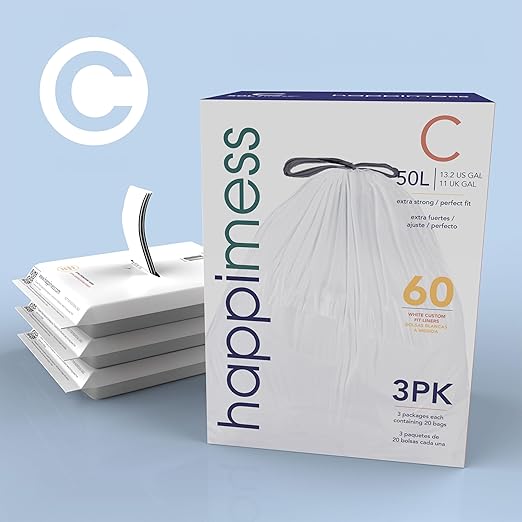 happimess 13.2 Gallon (50L) Drawstring Trash Bags, Unscented, White, Heavy Duty LDPE Liners for Kitchen and Household, Custom Fit 120 Count (6 Packs of 20 Liners) HPM3000C-W-6SET