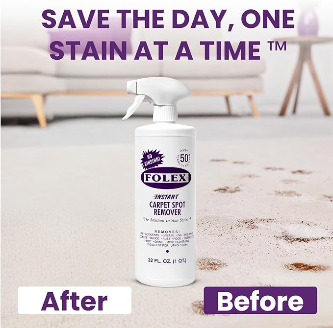 FOLEX Instant Carpet Spot Remover 32 oz – Powerful Stain Remover for Carpets, Upholstery & Rugs – Eliminates Pet Stains, Grease, Red Wine, Food, Makeup & More – With Reusable Cleaning Cloth – 1 Pack