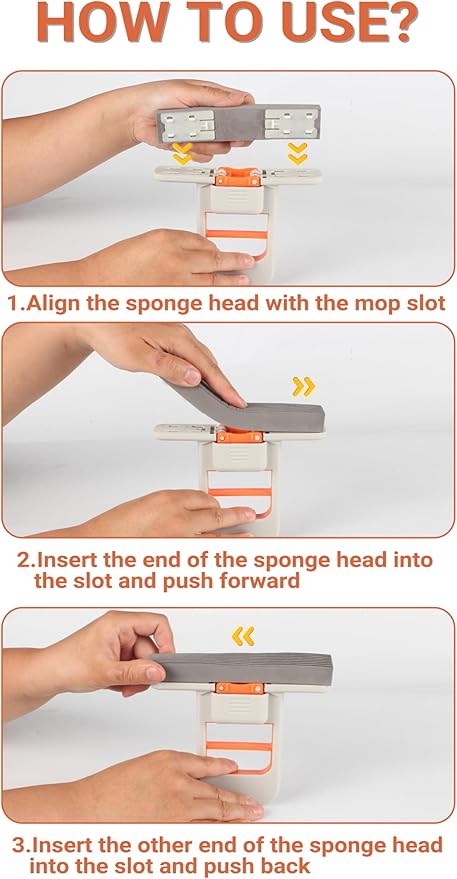 Self-Squeeze Mini Mop & Crevice Brush Set, Cleaning Tool for Small Spaces, Hard Bristle Brush for Tile Grout, Window Tracks, Kitchen, Bathroom & Car (Orange)
