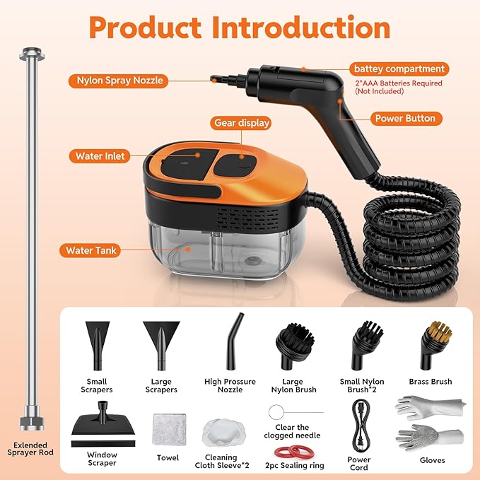 Steam Cleaner for Home & Car, 15s Fast Heat Handheld Steamer for Cleaning, 1.6L Large Tank, 3-Level Steam Control with 16-Piece Accessories Kit for Floors, Couches, Tiles, Grout, Dirt, and Grease