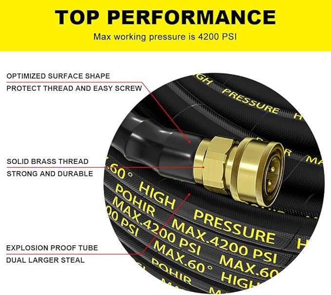 POHIR Power Washer Hose 125FT, High Pressure Washer Hose with 3/8'' Quick Connector, Steel Wire Braided Hose with 2 Quick Connect Kits Compatible M22 14 mm, Hose for Pressure Washer 4200 PSI