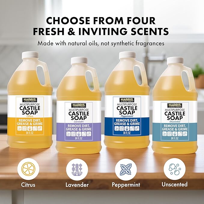 HARRIS Multi-Purpose Pure Liquid Castile Soap with Micro Fiber Towel for Home Cleaning, For Dish Soap, Laundry Detergent, Kitchen and Bathroom Surfaces, Kids Rooms, Unscented, 64 Oz