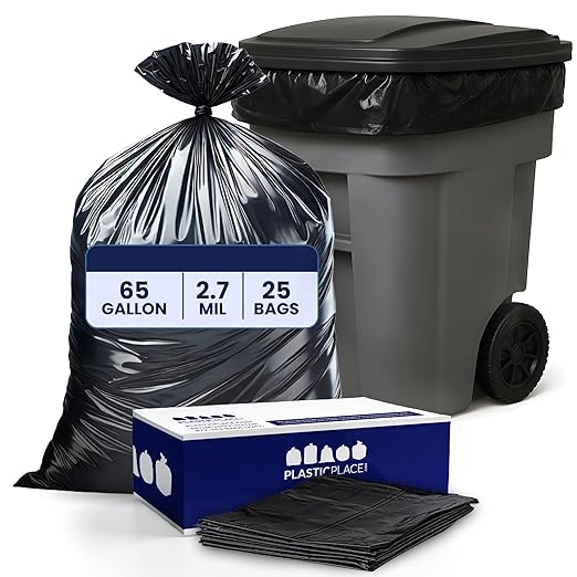 Plasticplace 65 Gallon Trash Bags │ 2.7 Mil │ Black Heavy Duty Garbage Can Liners │ 50” x 48” (25 Count) (W65LDB225A)