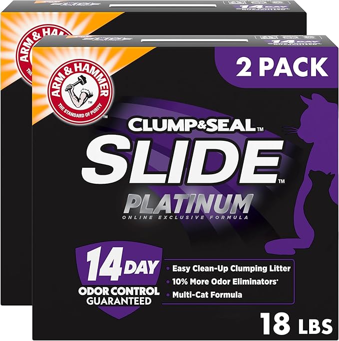 ARM & HAMMER Clump & Seal Slide Platinum Multi-Cat Clumping Cat Litter,14-Day Odor Control,EZ Clean Technology,18 lbs – No Scrubbing,Powerful Odor Eliminator,(Pack of 2)