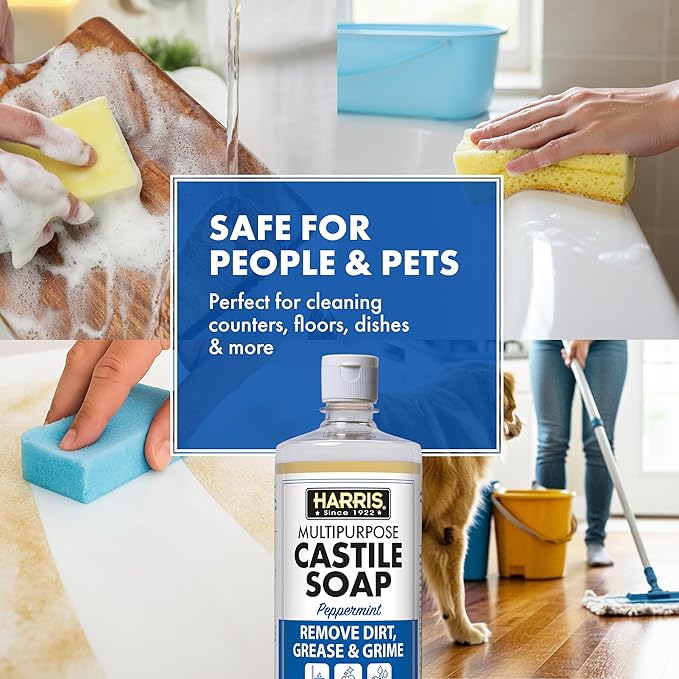 HARRIS Multi-Purpose Liquid Castile Soap for Home Cleaning, Use as Dish Soap, Laundry Detergent, Kitchen & Bathroom Surface Cleaner, Kids Room, 2 Pack of 32 Fl Oz with Microfiber Cloth (Peppermint)
