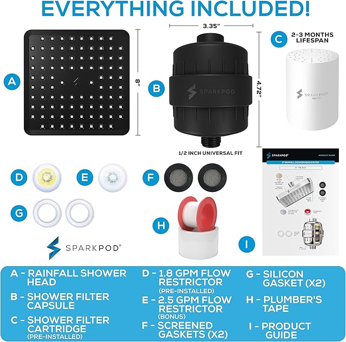 SparkPod Luxury Filtered Shower Head Set 23 Stage Shower Filter - Reduces Chlorine and Heavy Metals - High Pressure Showerhead Filter (8" Square, Midnight Black Matte)
