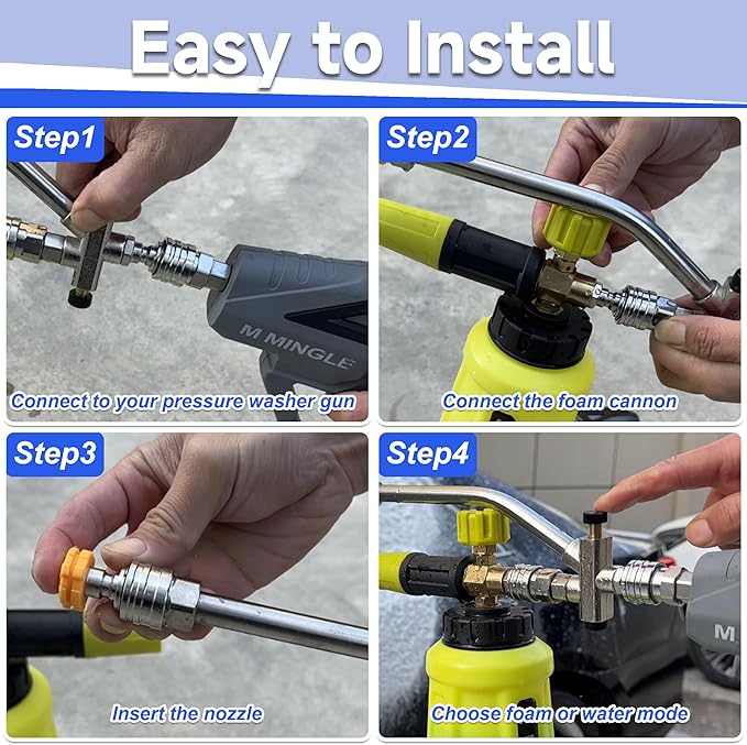 M MINGLE Foam Cannon for Pressure Washer with Dual Connector Accessory, Power Washer Soap Cannon with Double Tip Attachment, 5 Pressure Washer Sprayer Nozzles, 1/4" Quick Connect